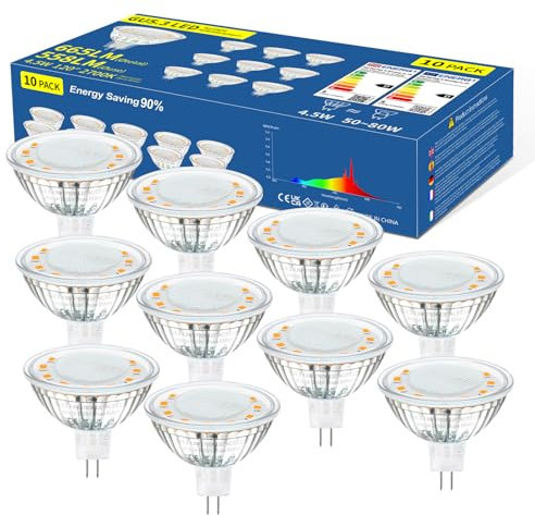 MR16 LED 4.5W Leuchtmittel - Gu5.3 Warmweiss Glühbirne CRI>90 AC/DC 12V Flimmerfrei Strahler Ersetzt 50W Halogenlampe 558ml 2700k Abstrahlwinkel 120° Spot Nicht Dimmbar Reflektor Lampen 10 Stück