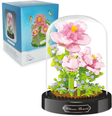 Hojalis Set Di Blocchi Da Costruzione Per Bouquet, Set Da Costruzione Di Bouquet Di Fiori, Con Coperchio Protettivo, Kit Floreale Da Costruzione, Regalo Di San Valentino (Fiore Di Ibisco)