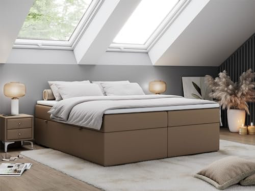 MKS MEBLE Boxspringbett 200x200 Mit Bettkasten, Niedriges Kopfteil - Polsterbett Bess - Braun Kunstleder - H4