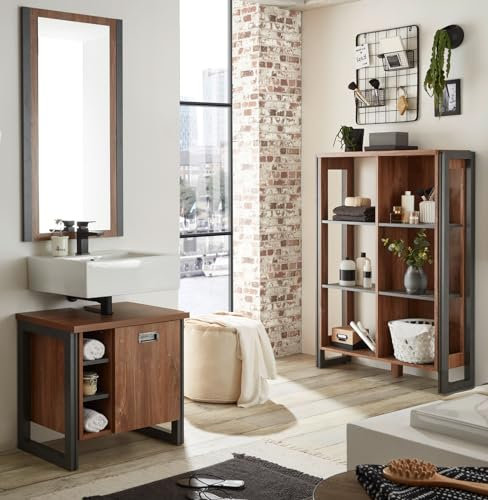 Furn.Design Badmöbel Set in Eiche Stirling und grau Matera Badkombination 3-teilig Waschbeckenunterschrank, Spiegel und Highboard im Industrial Desgin 171 x 205 cm Auburn (Set 2)