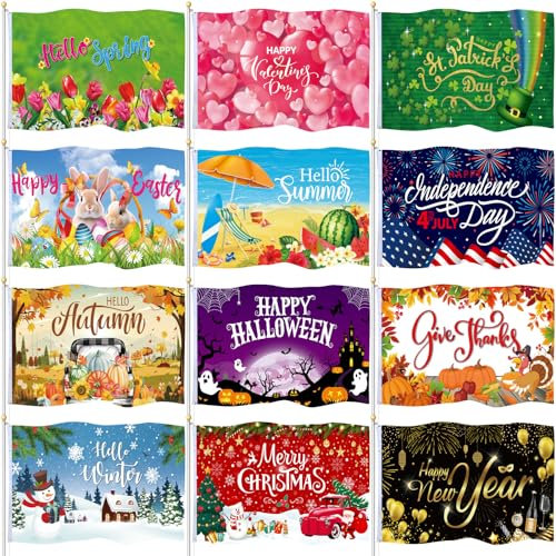 SmoothNovelty 12 Stück saisonale Gartenflaggen, 91 x 152 cm, für draußen, doppelseitig, Urlaubsflagge, Banner mit Ösen für Frühling, Sommer, 4. Juli, Outdoor-Flaggen, Banner, Dekorationen