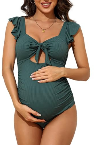 Charmo One Piece Maternity Swimwear Ruffle Sleeve Bathing Suits | Removable Pads, Tie Knot, Adjustable Straps, Ruched Design, Breathable, Pregnancy Bathing Suit