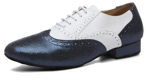 SWDZM Herren Tanzschuhe Latein Schuhe Leder Salsa Tango Schuhe mit Schnürung Niedriger Absatz,Blau+Weiß,Wildleder Sohle,40EU