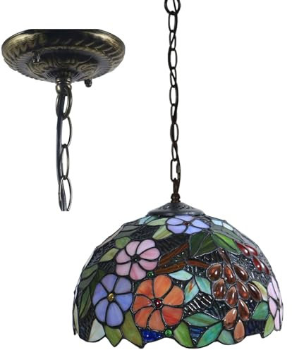 Traube Tiffany Stil Buntglas Deckenleuchte mit 12 Zoll breitem handgefertigtem Lampenschirm Vintage Antike Hängelampe für Esszimmer Flur Theke Kücheninsel Balkon,E