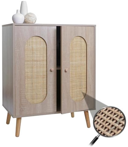 Kommode HWC-M35, Schrank Sideboard Highboard, Staufächer, Kubu Rattan Holz Melamin, Eiche-Optik