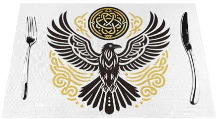 Raven Odin Tischsets, nordische keltische Wikingerrune, waschbar, PVC, rutschfest, rechteckig, für Küche, Esstisch, Wärmeisolierung, 45 x 30 cm