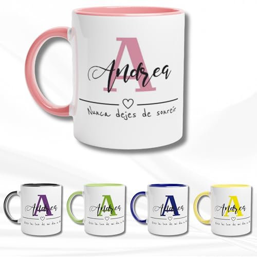 LA CASA DE LA TAZA | Taza PERSONALIZADA | Con Inicial y Nombre | 350 ml | Apta para Microondas | Taza Personalizada a Todo Color (360º alrededor de la Taza) | Ideal para Familiares o Amigos (ROSA)