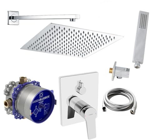 vanvilla Duschsystem mit Unterputz Duscharmatur von Hansa Twist Einhebelmischer und vanvilla Regendusche mit Armatur, Duschkopf eckig, Dusch-SET A101 poliert