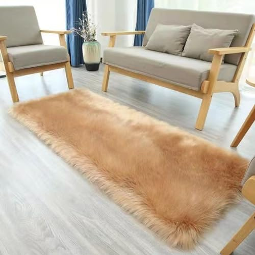 YUGWNN Khaki Flausch Teppich Bettumrandung Fell füR Couch,Lammfell Stuhlauflage Dekofell,Rechteckig 50x80cm/19,7x31,4in