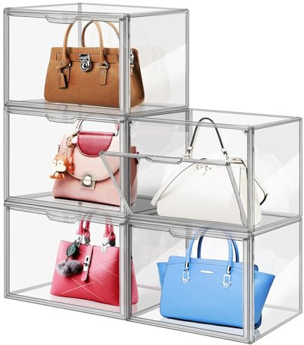 YHANEC 5 Packungen transparente Kunststoff-Handtaschen-Organizer für Schrank, Acryl-Vitrine für Handtasche und Geldbörse, Stapelbare Aufbewahrungsboxen, Spielzeug-Organisation und Ausstellung