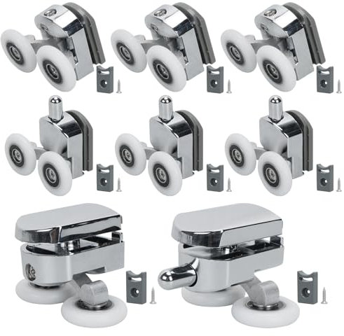 Zythrem 8Pcs Shower Door Rollers for Curved Door 25mm Replacement Shower Door Wheels Chrome Shower Runners with Anti-Collision Block and Screws Shower Roller Wheels for Curved Glass Doors 4-6mm Glass