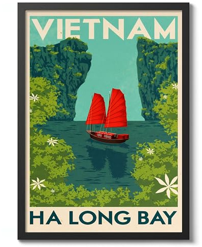 Ha Long Bay Vietnam Vintage-Reiseposter, Retro-Tourismusdruck, beliebte Sehenswürdigkeiten auf der ganzen Welt, Postkarte, Heimdekoration, archivarisch, matt, A4 (schwarzer Rahmen) – 29,7 x 21 cm