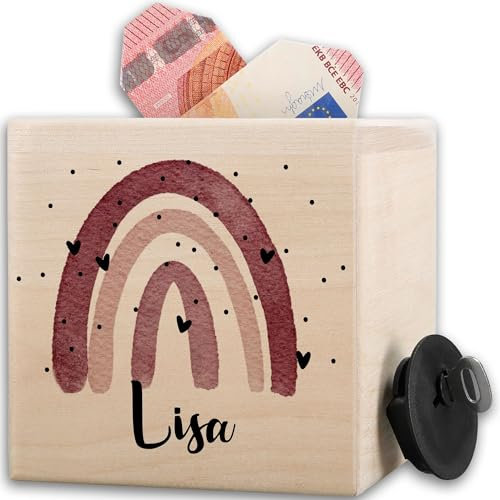 Spardose Holz Regenbogen | Sparbüchse Mädchen Kinder Personalisiert mit Namen - 10x10cm - Holz - Kind kinderspardose personalisierte rosa spardosen aus kinderspardosen Name sparschwein
