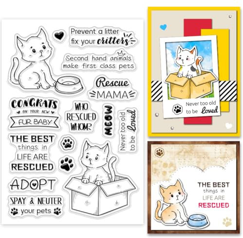 GLOBLELAND Klare Stempel Mit Tieradoption Wörter „Katze“ Silikon Klarstempel Siegel „Rettungstiere“ Transparente Stempel Für DIY Scrapbooking Karten Erstellen von Fotoalben Und Tagebüchern
