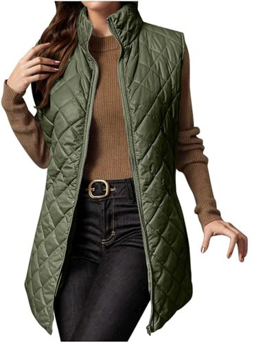 OVARA Quilted Gilet for Women Longline Stand Collar Lightweight Zip Padded Vest Thermal Comfy Casual Plain Puffer Gilets Ladies Long Body Warmers Sleeveless Jacket