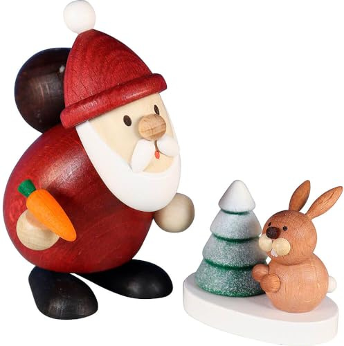 Erzgebirge Palast Ullrich Kunsthandwerk Weihnachtsmann mit Hase und verschneitem Baum - 9 cm
