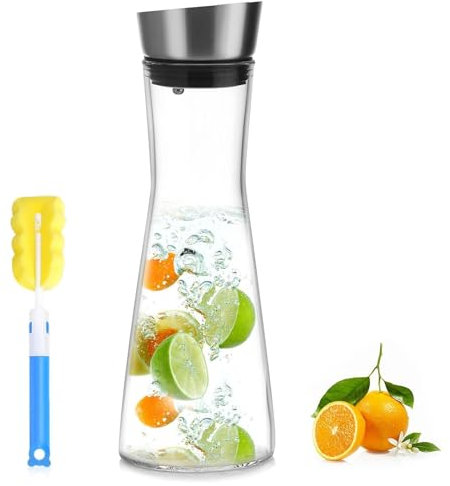 900ML Karaffe mit Deckel aus Edelstahl, Wasserkaraffe aus Glas für Heißes Kaltes Wasser Eistee Milch Kaffee Wein Hausgemachte Obstssaft Getränke, -20°C~130°C, Wasser Glaskaraffe