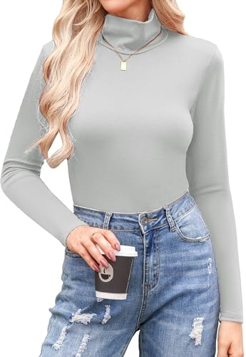 Aottori Turtleneck Tops for Women UK Long Sleeve Base Layer Light Grey L