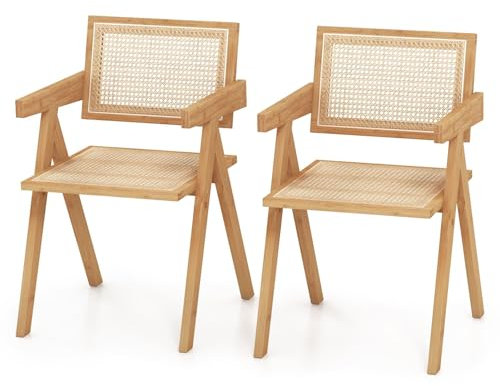 HOMASIS 4/2er Set Esszimmerstuhl, Küchenstuhl mit Armlehnen & Rückenlehne, Akzentstuhl aus Bambus im Rattan, belastbar bis 150 kg, Rattanstuhl für Esszimmer Küche Wohnzimmer, Natur (2)