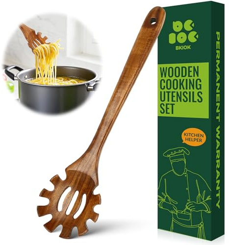 Natural Nonstick Teak Wood Pasta Fork, Noodle Spaghetti Spoon Server, Handmade Strainer Slotted Spoon Skimmer Spoons (Pasta Fork)