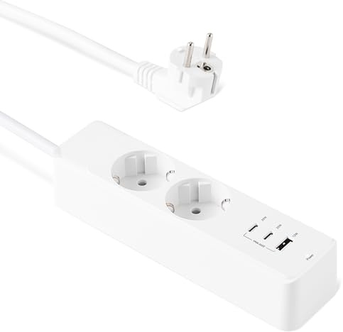 Amazon Basics Multiprise avec 2 Prises Secteur, Recharge Rapide USB-C 20W, 2 Ports USB-C, 1 Port USB-A, Rallonge de 1,5m, pour la Maison, Le Bureau, Les Voyages, Homologation TÜV