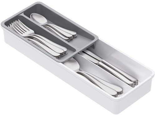 Lifewit Cutlery Drawer Organiser, 2 Tier Cutlery Tray for Kitchen, Utensil Flatware Silverware Holder, Deep Drawer Organiser Box for Spoons Forks Knives, Tableware Storage, 4 Compartments, White&Grey