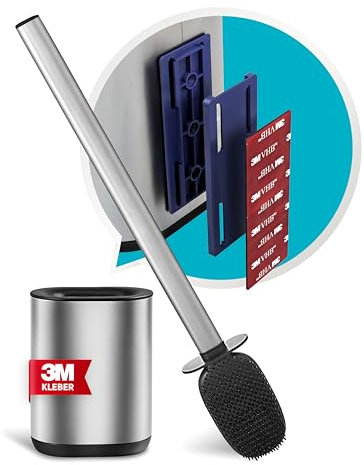 MATERIUM® Silikon Toilettenbürste mit Halter - Edelstahl - OHNE Bohren - Stand und Wandmontage - 3M Halterung EXTRA STARK - Rostfrei - Flach (Edelstahl)