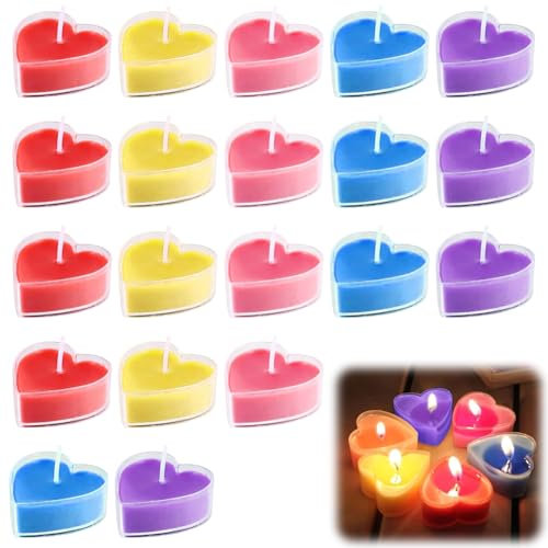 20 Stück Herz Kerzen Teelichter, 5 Farben Romantische Duftkerze Herz Kerzen, Herzkerzen Set für Valentinstag Dekoration, Hochzeit Deko, Tischdeko, Jubiläum, Geschenk, Party (Blau+Rot+Gelb+Lila+Rosa)
