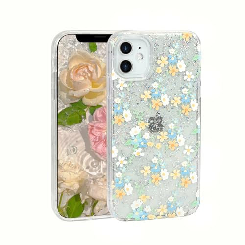Reownest Clear for iPhone 12/12 Pro Case Cute Bling Sparkle Colorful Flower Pattern Design Glitter Aesthetic Phone Case Soft Protective Women Girls Cover -Green
