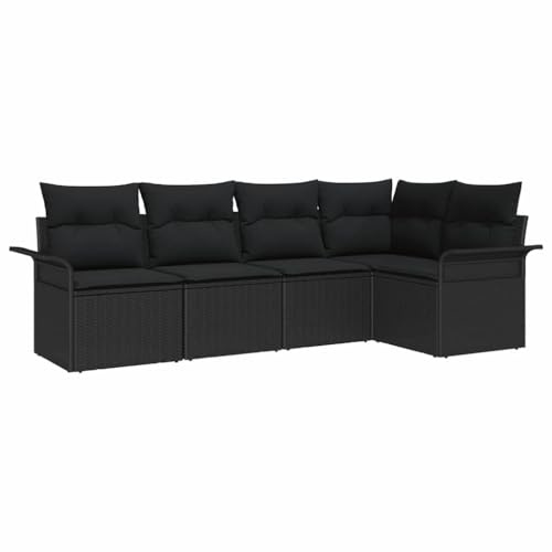 vidaXL Gartensofa-Set mit Kissen 5 pcs Schwarz Poly-Rattan, Garten- und Terrassen-Sofa-Set, modular, wetterfest, leicht, mit Stauraum, UV-beständig im stylishen Poly-Rattan