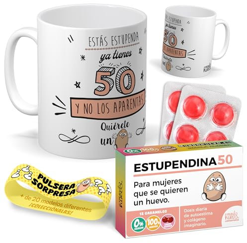 mundohuevo Kit regalo personalizado | Taza Ya tienes 50 y no los aparentas + Caramelos divertidos + Pulsera sorpresa | Regalo divertido, original y único para 50 cumpleaños.