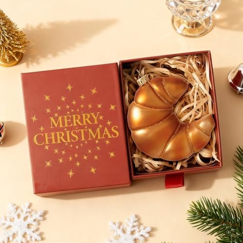 DN DECONATION Christbaumkugeln Glas Croissant Gold, Weihnachtskugel Deko | für Weihnachtsbaum Deko & Festliche Feiern (9 cm x 11 cm)