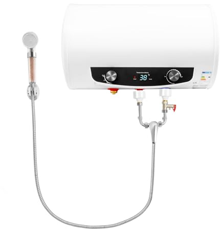 QIERF 35L Warmwasserspeicher 2000W Elektrischer Warmwasserboiler Wandhängend Elektrospeicher, 25-75℃ Einstellbar, IPX4 Leckage-Schutz mit Handbrause+Wasserhahn für Küche, Bad und Wohnwagen