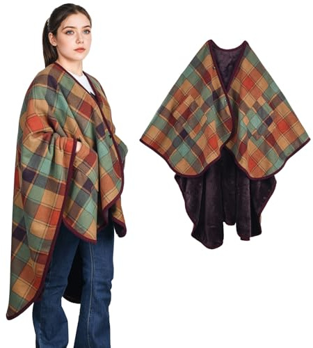 SIVENKE Damen Poncho Fleece Tragbare Decke Flanell Schal Decke Bequemer Poncho-Überwurf Cape mit Knöpfen und Taschen für Bett, Sofa, Büro