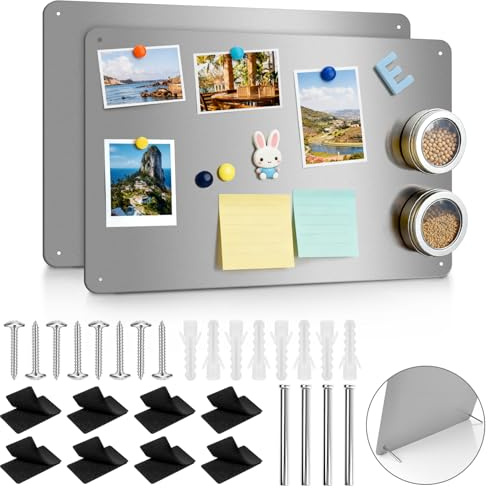 ARVOK 2 Pack Silver Magnetic Board 43.5 x 30 cm, Metal Magnet Bulletin Board for Wall, Refrigerator, Cabinet, Display Notes, Photos, Poetry, Includes 8 Screws & 8 Dual Lock Tapes, 4 Support Screws