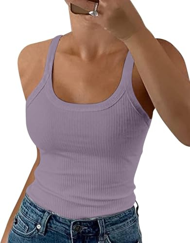 DUOEASE Spaghetti Top Damen Sommer 2025 Gerippt Rundhals Tank Top Basic Einfarbig Slim Fit Stretch Top