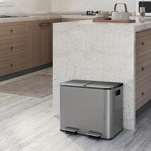 GarveeTech Poubelle Cuisine 2 x 15L (30L) Inox, Tri Sélectif Double Compartiment Avec Pédales Métal, Couvercle Fermeture Douce Et Maintien Ouvert, Seaux Amovibles, Anti-Odeur, Gris