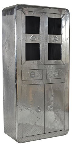 SIT-Möbel Airman 1704-21, Vitrine mit 2 Schubladen & 4 Türen, Mangoholz & Aluminium, silber, 90 x 40 x 187 cm