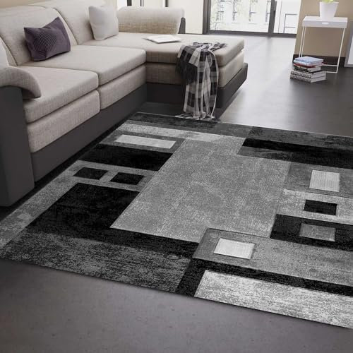 VIMODA Designer Teppich Wohnzimmer Grau Kariert mit Farbverlauf und Konturenschnitt, Maße:160 x 230 cm