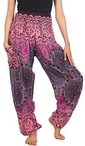 Lofbaz Damen Haremshose mit gesmoktem Boho Hosen Rose 2 Violett Size L