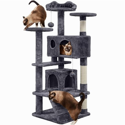 Yaheetech Albero Tiragraffi per Gatti 137 cm con 2 Palle Sisal Giocattolo Gioco Grigio Scuro