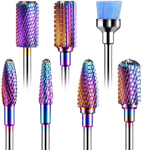 MELODYSUSIE Nail Drill Bits Set Carbide Less Dust Professional 3/32 Inches Nail Bits Filing Acrylic Nails Gel Nails Down Removing Cuticle Tools for Electric Nail Files Drill Machine, 7pcs, Rainbow