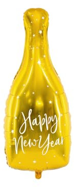 PartyDeco Folienballon Flasche in Gold mit weißer Aufschrift Happy New Year- Dekoration für Silvester Neujahr- Größe: 32x72 cm für Hel Luft Karneval Party Deko