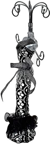 Portagioie a forma di manichino decorativo vintage, espositore originale per collane, orecchini, bracciali, ciondoli, estroso o decorativo, legno e tessuto, gancio in metallo, altezza circa 39 cm