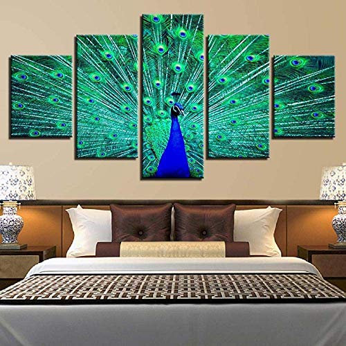 YDWD 5 Wandkunst Gemälde Leinwandbilder Wohnkultur Moderne HD-Drucke 5 Stück Schöne Blaue Pfau Bilder Poster für Wohnzimmer Wandkunst Kinderzimmer Wohnzimmer Schlafzimmer B.