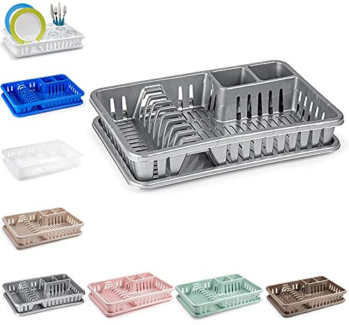 plastific Plastic Dish Drainer Plate Cutlery Rack Kitchen Sink Utensil Draining Cup Holder Plastic Dish Drainer Rack and Plastic Sink Drainer Tray (45 x 29.7 x 8cm, Silver)