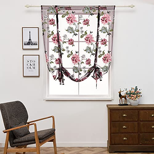 Lsimeru Voile Raffrollo Raffgardinen mit Tunnelzug 80 cm breit Scheibengardine Landhausstil Transparent Modern Bändchenrollo Gardinen Kurzstore mit Stickerei Pfingstrose Blumenmuster