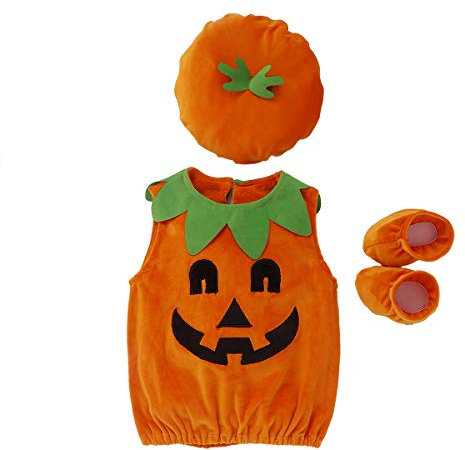 Dazzerake Halloween Babykostüm Neugeborenes Kleinkind Baby Säugling Halloween Kleidung Kürbis Kostüm Einteiler Jumpsuits Set (Strampler + Mütze + Schuhen, 0-6 Monate, 80)