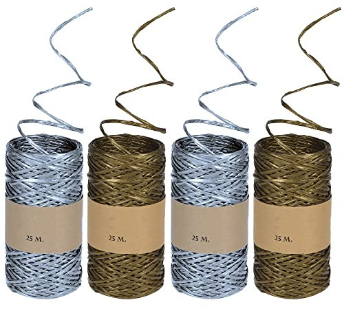 com-four® 4x Dekoband in weihnachtlichen Farben - Geschenkschnur mit Drahtverstärukung - Ideal zum Basteln und Verpacken - 25 m je Rolle [Auswahl variiert] (04 Stück - drahtverstärkt)