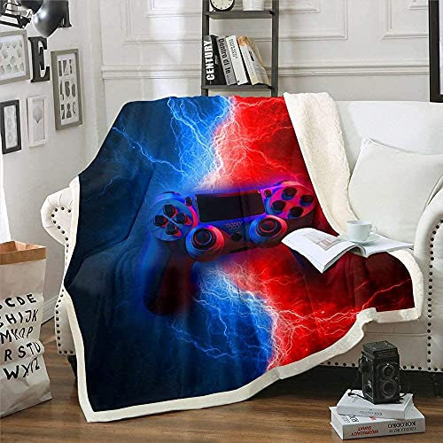 Spieler-Fleecedecke Spielen-Plüsch-Bettdecke für Kinder Jungen Videospiele Überwurfdecke Blitze Spielpad-Plüschdecke Zimmerdekoration Home Hotel Dorm Room Rot Blau, 150 x 200